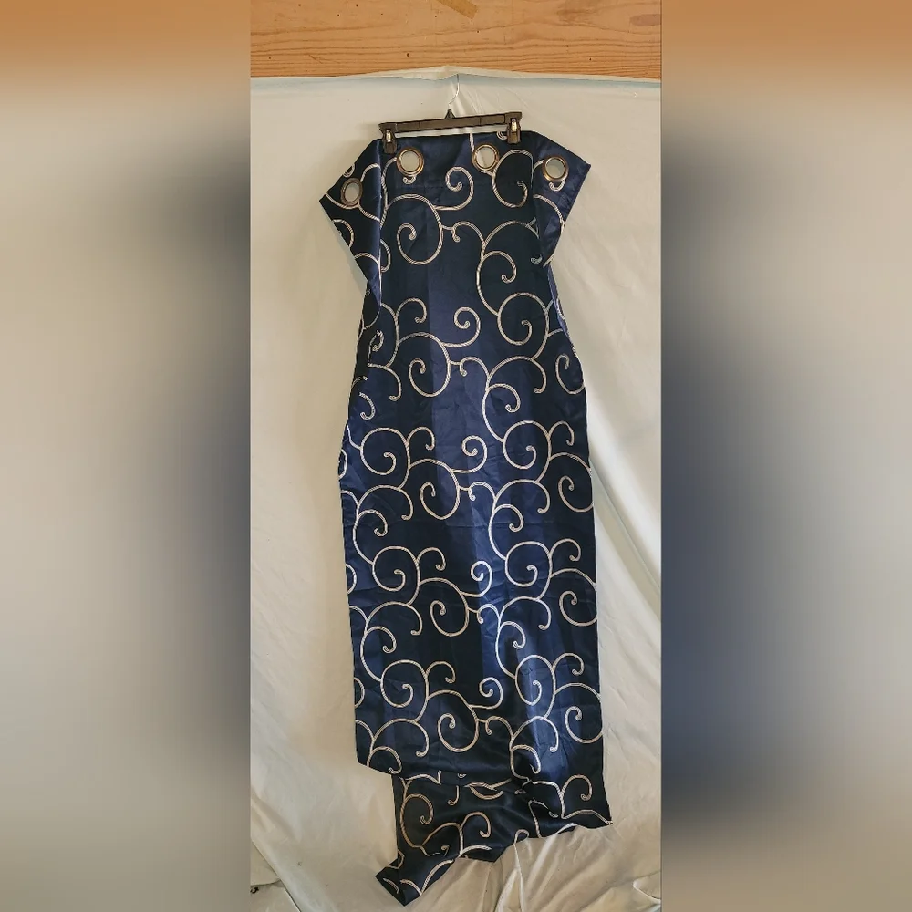 4 Navy Blue Satin Curtain Panels with Cream White Swirl Design, 26×84